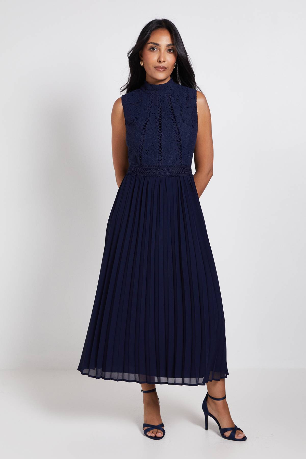 Wallis Robe Midi Plissée À Insert Dentelle Petite