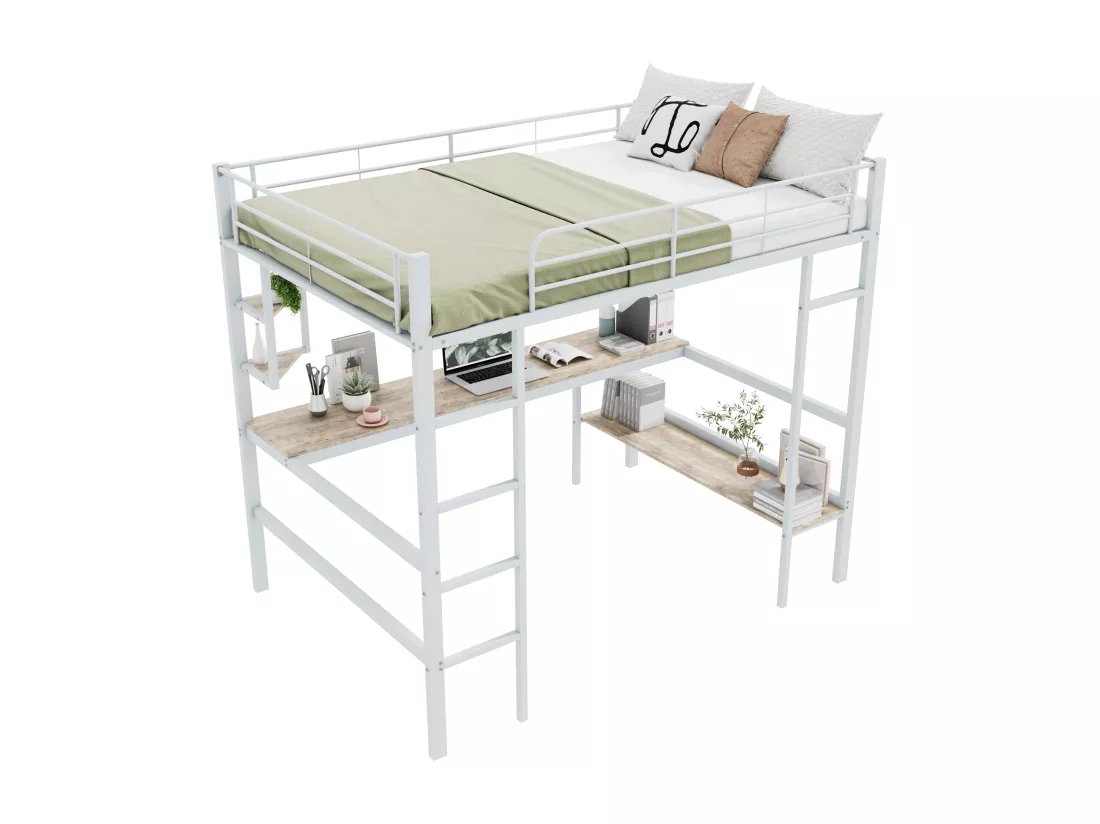Lit mezzanine 140 x 200 cm avec bureau et étagères - Métal - Sommier à lattes - Blanc (sans matelas)