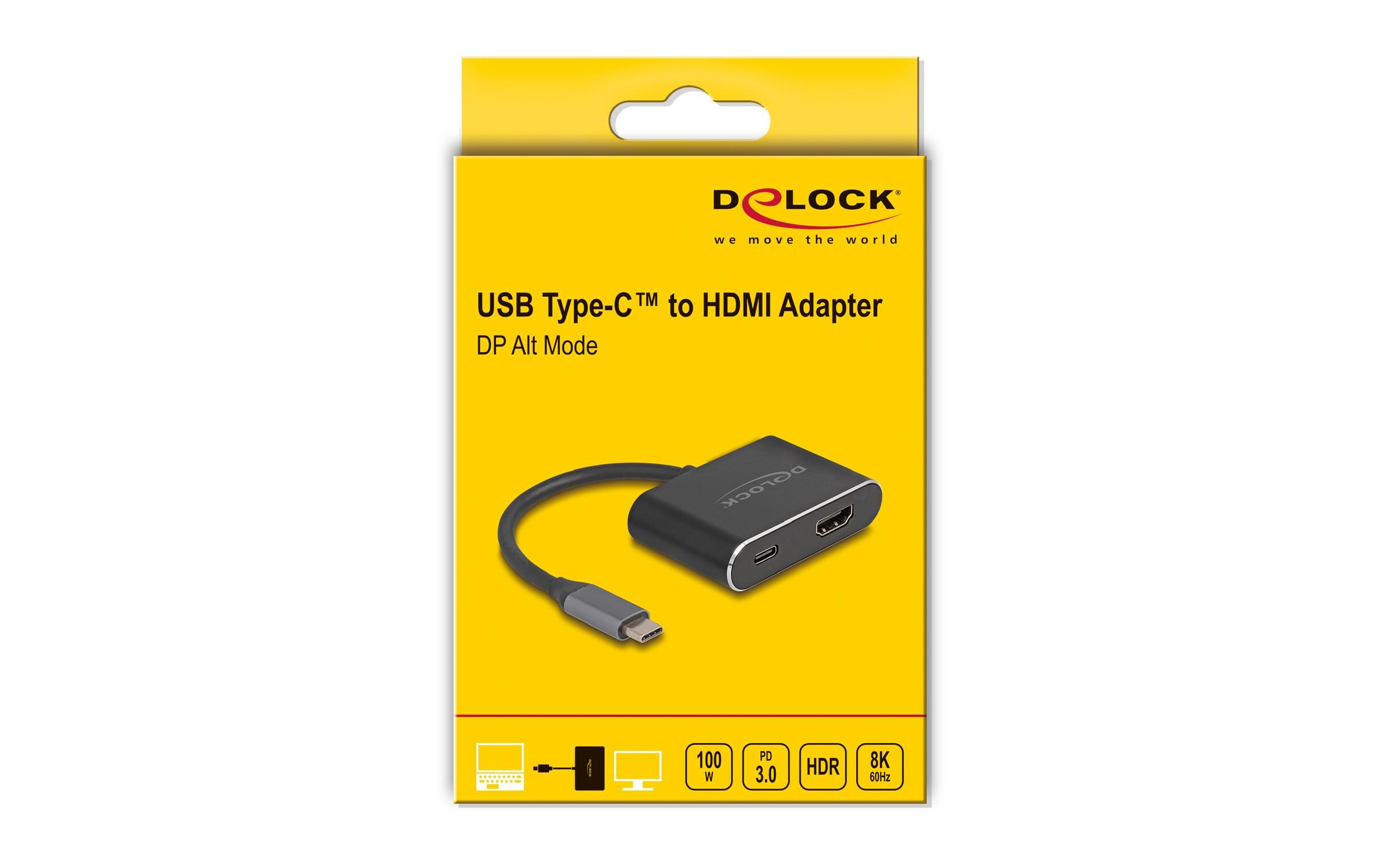 Adapter 8K/60Hz USB Type-C - HDMI/USB Type-CDelock USB Type-C Adapter zu HDMI (DP Alt Mode) 8K mit HDR und Power Delivery 100 W