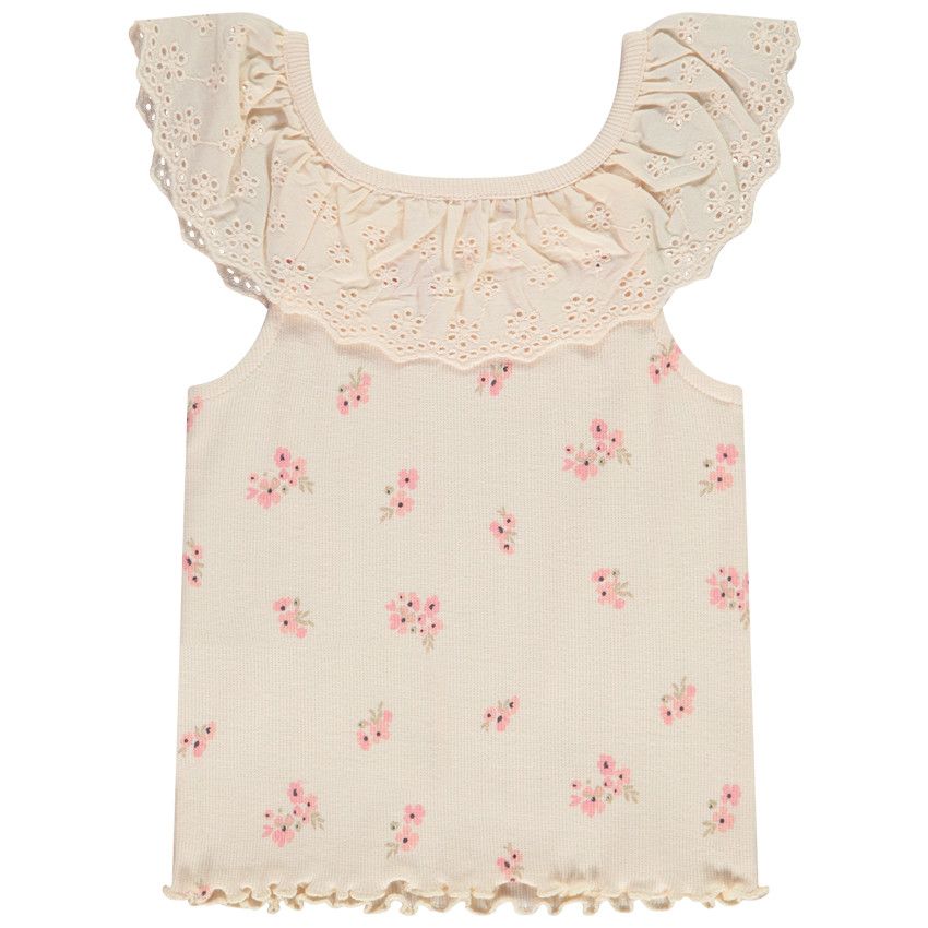 Débardeur maille côte avec broderie anglaise + imprimé fleuris pour bébé fille - Rose