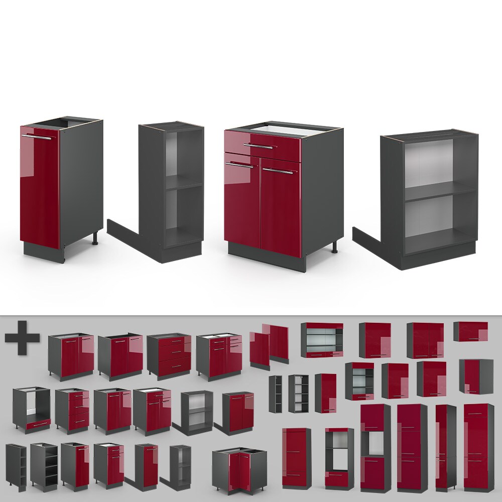 Vicco Kücheninsel Küchenblock Einbauküche Fame-Line Anthrazit Bordeaux Rot 90 cm modern Hochglanz Küchen Schränke Apothekerunterschrank Schubunterschrank Regalinselunterschrank Softclose-Scharnier Küchenmöbel
