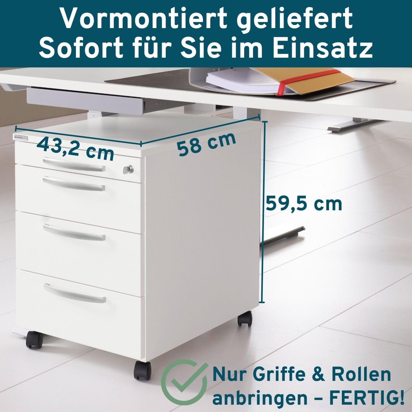 Rollcontainer mit Schubladen abschließbar, Büroschrank mit Rollen, Schreibtisch Schrank, Schubladenschrank 60 cm hoch, Rollcontainer weiß, Schubladenelement, Schreibtisch Container metall