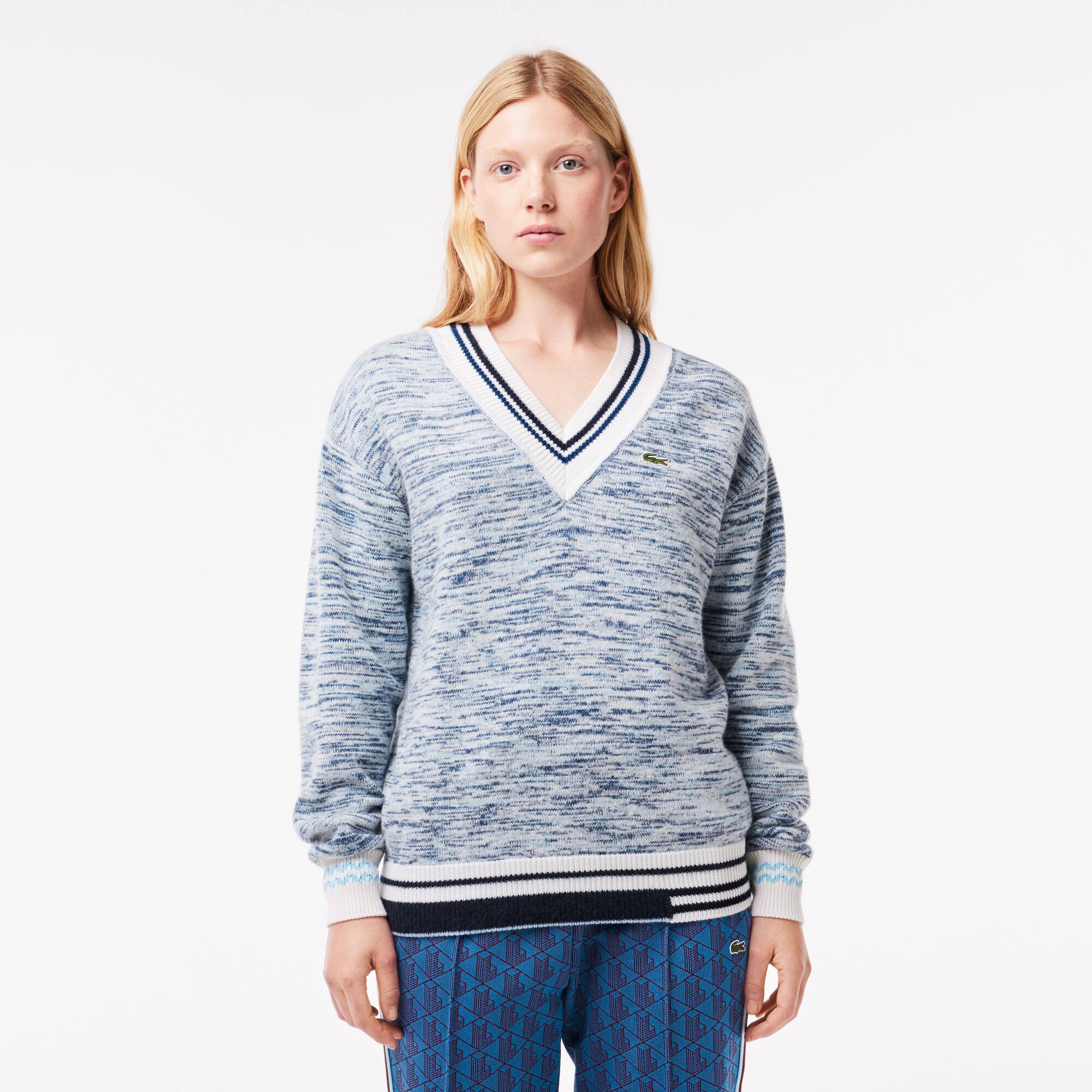 Alpaka-Pullover mit V-Ausschnitt und Kontraststreifen Pullover - Weiss - Lacoste - Damen