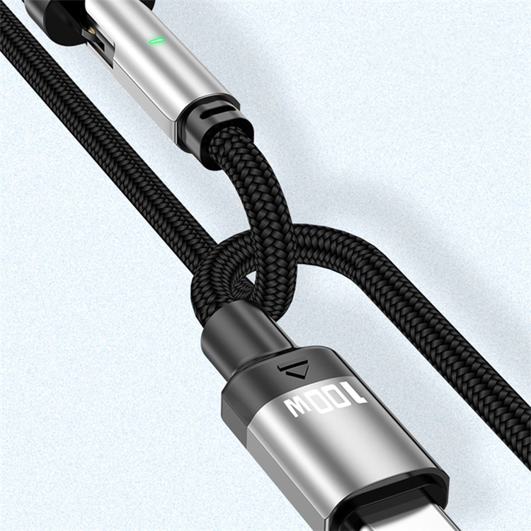 (1m) 100W 2in1 USB C auf USB C / Lightning Ladekabel Magnetisches 180° Nylon Datenkabel mit LED - Schwarz