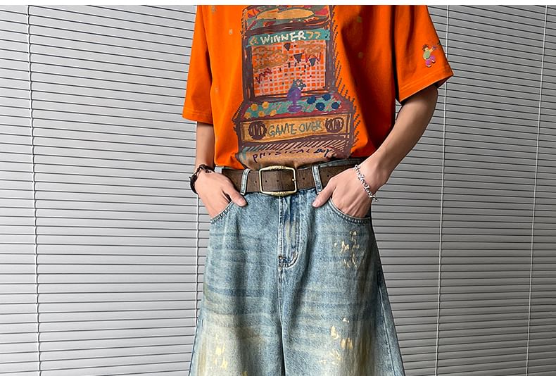 AXEN - Mid Rise Print Washed Wide Leg Jeans