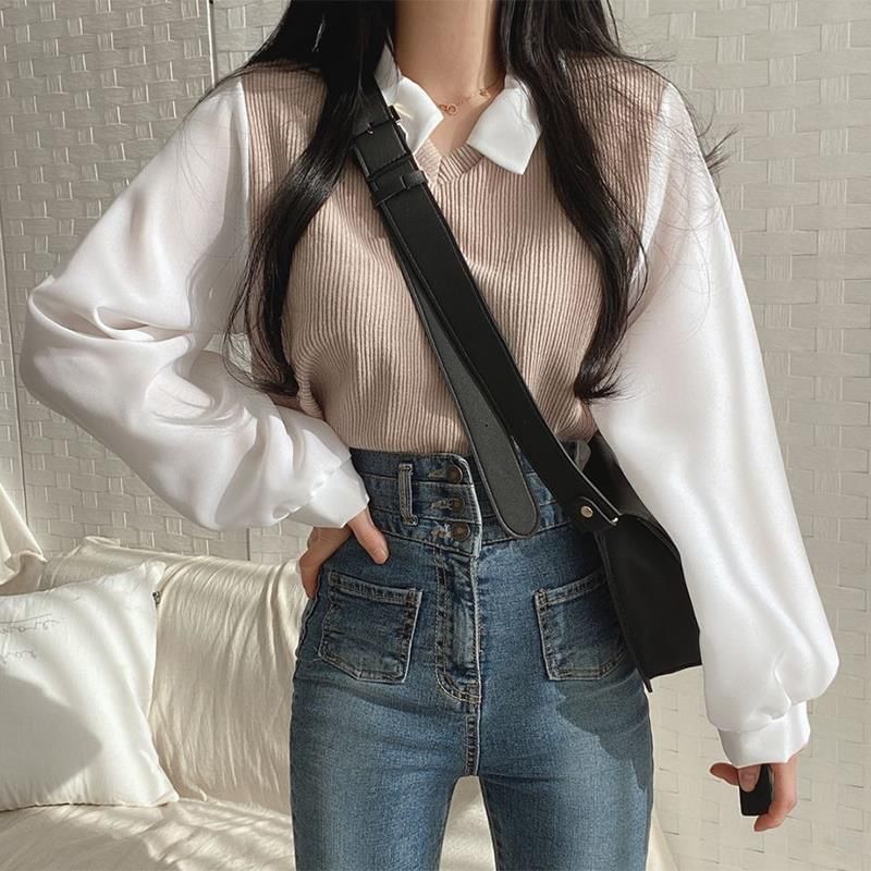 Enpheriado - Mock Two-Piece Long-Sleeve Two Tone Panel Blouse