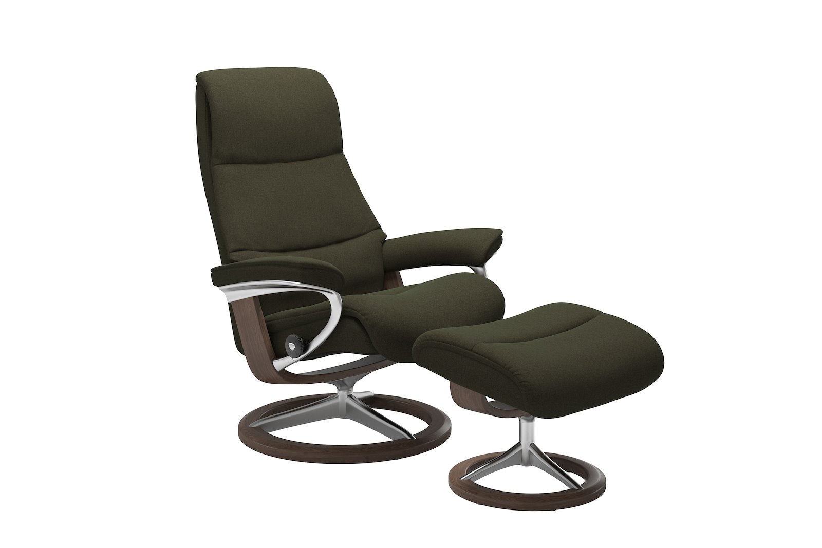 View lenestol med krakk Tekstil Calido Green – Signature understell – Alu – Valnøtt - Medium
