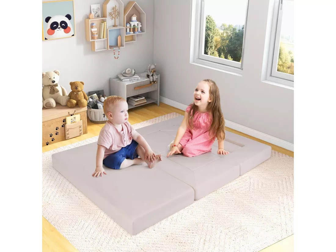 9PCS Canapé Modulaire pour Enfants en Tissu Daim, Canapé Enfant Convertible 2 Places avec Housses Amovibles & Lavables, Canapé en Mousse pour Salle de Jeux et Chambre, 3 Ans+ (Beige)