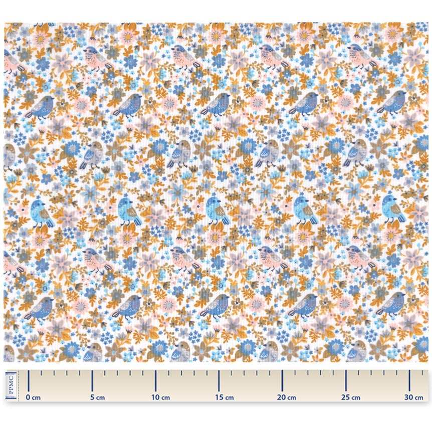 Tissu Coton Au Mètre Ex2357 Oiseau Fleuri Bleu