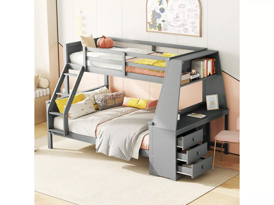 Lits superposés 90 x 200 cm + 140 x 200 cm - bureau + 3 tiroirs + étagère - bois MDF - gris