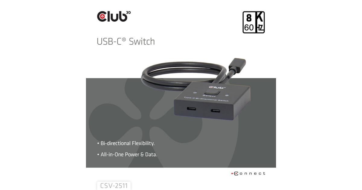 Club 3DUSB-C Bi-Directional Video + Data + PD Switch usb-switch  (Zwart)
