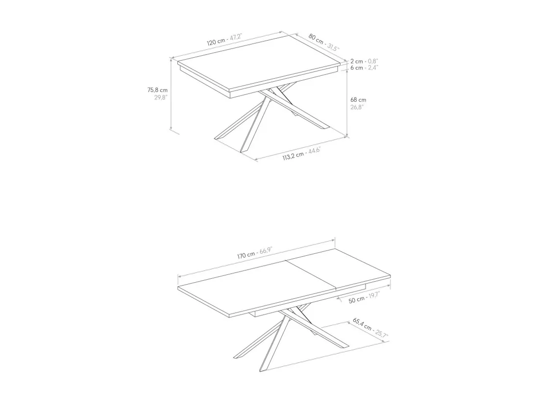 Table en bois, effet chêne, base blanche, ext.120x80-170x80cm - VOLPAIA