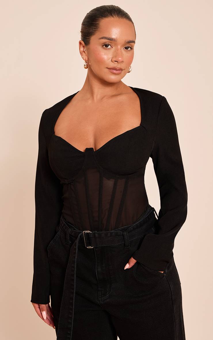 Noir Body Corset Moulant À Manches Longues En Mesh