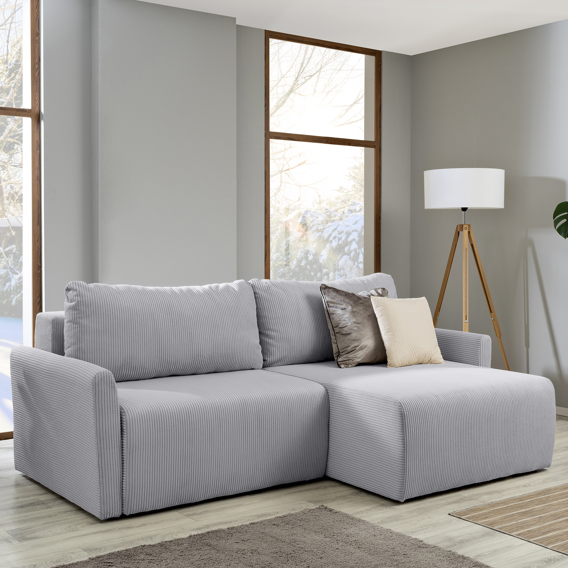 Ecksofa - silber - Liegefunktion und Bettkasten