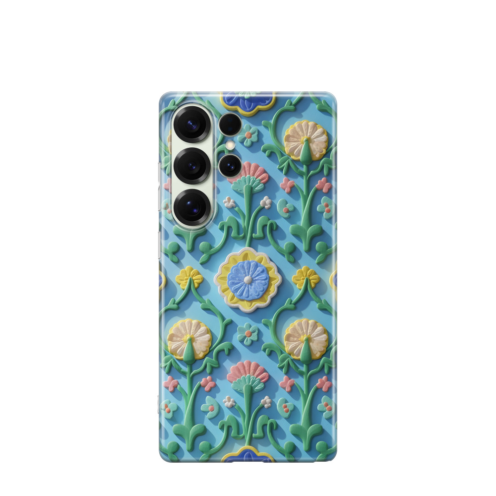 Samsung Galaxy S25 Ultra Gummi Hülle Majolika Blütengarten - Türkis