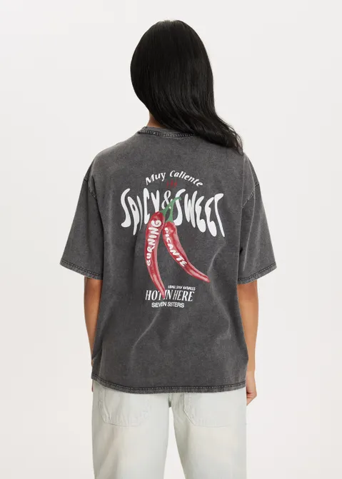 T-shirt met print spicy en sweet antraciet (ANTRA)