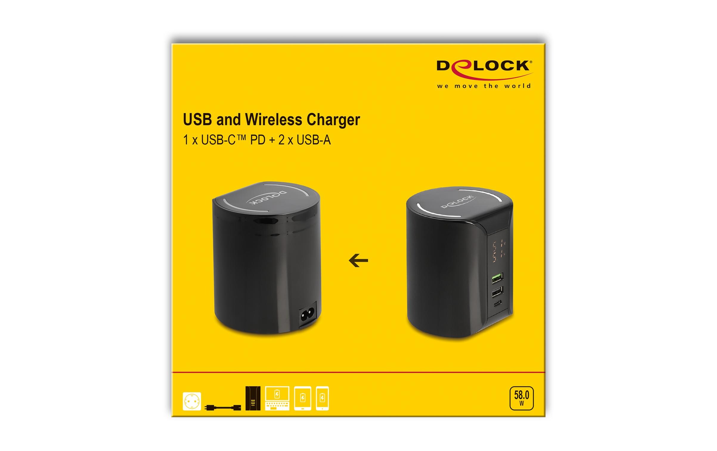 Ladestation 1x USB Type-C, 2x USB Type-A mit WirelessDelock USB und kabelloses Ladegerät 1 x USB Type-C PD + 2 x USB Typ-A mit 58 W