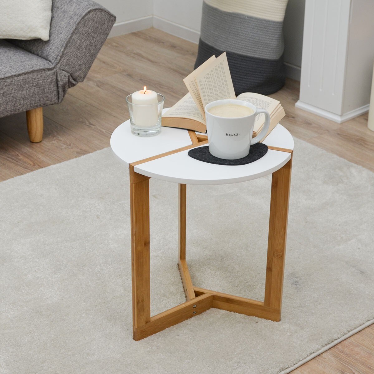Nordic Style Beistelltisch 40 x 45 cm Holz Tisch Rund Couchtisch Nachttisch Weiß