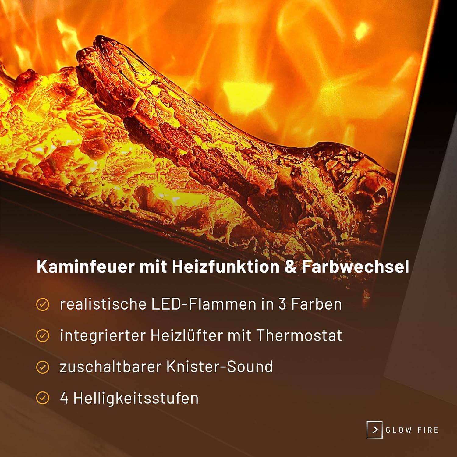 GLOW FIRE Elektrokamin mit Heizung und Kaminfeuer (Standkamin Pandora) - elektrischer Kamin mit LED-Feuer in 3 Farben, Heizlüfter, Holz-Deko & Fernbedienung, 114x97x32 cm, Schwarz