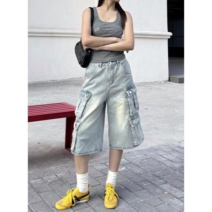 Striinkie - Hoge taille gewassen wijde cargo denim jorts