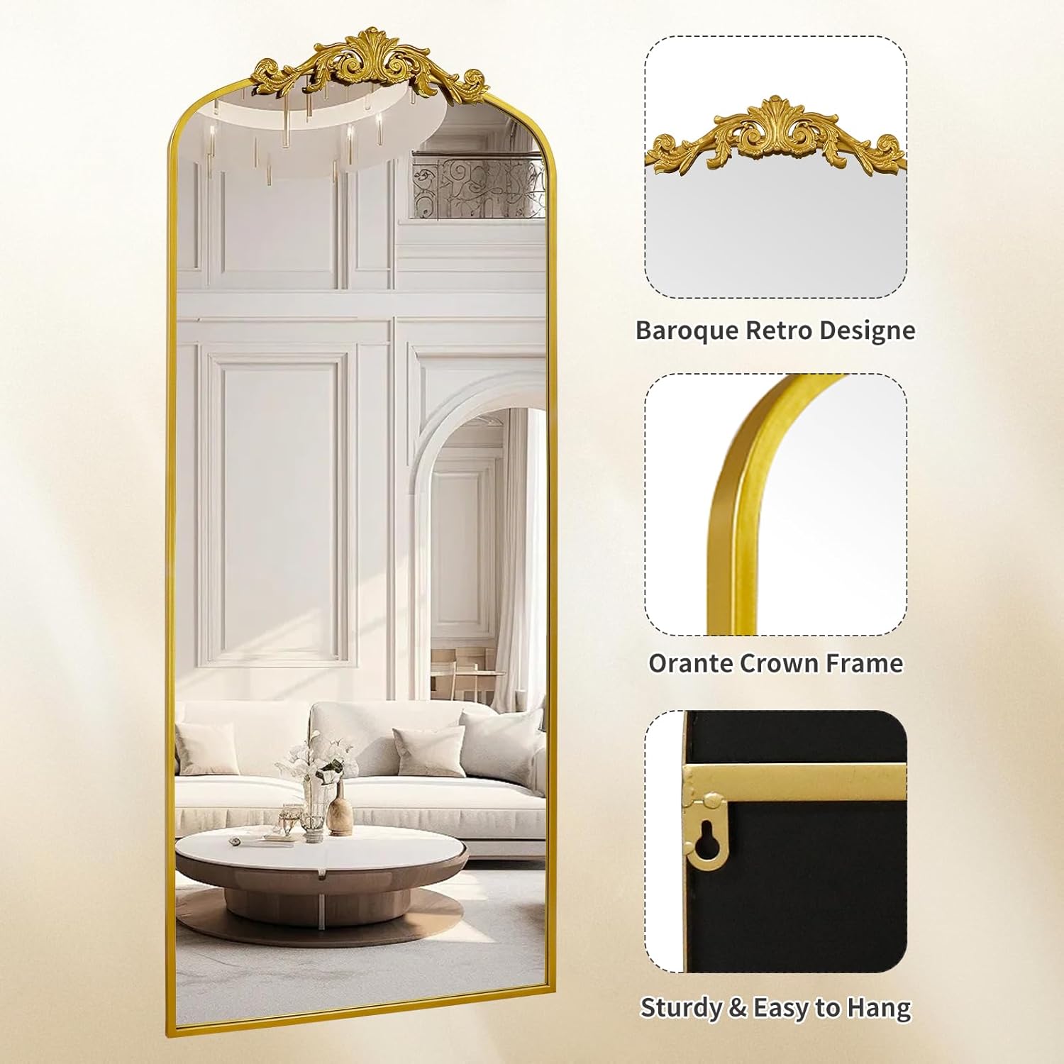 G-LEAF Antiker Ganzkörperspiegel im Barockstil, 180cm x 76cm, Freistehend, Wandmontiert oder an die Wand Angelehnt, für Schlafzimmer, Wohnzimmer, Gold