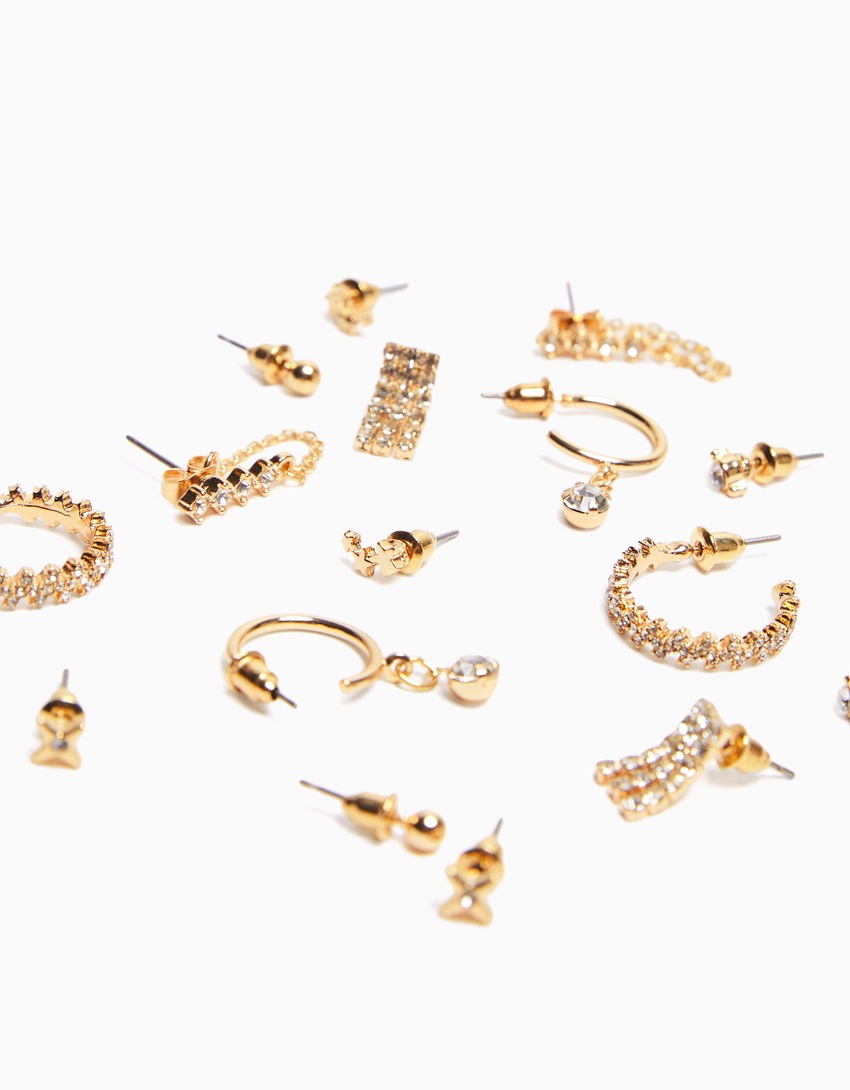 Conjunto de 8 brincos de argola com strass