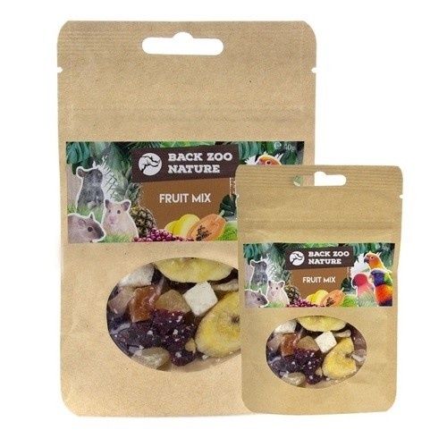 Mix de frutas secas para papagaios, com sabor de coco, banana, mamão e mirtilo.