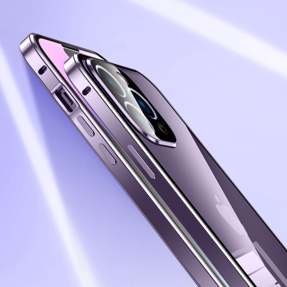 iPhone 14 Pro Magnetische Alu Schutzhülle mit Panzer Glas Backcover   Display- / Kameraglasschutz (Magnet-Technologie) - Dunkellila (Deep Purple)