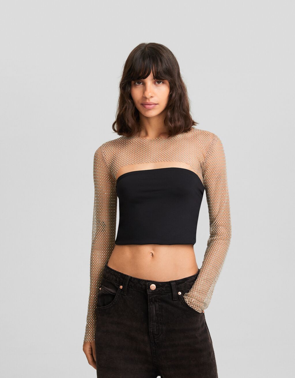 Camiseta de manga comprida em malha com strass