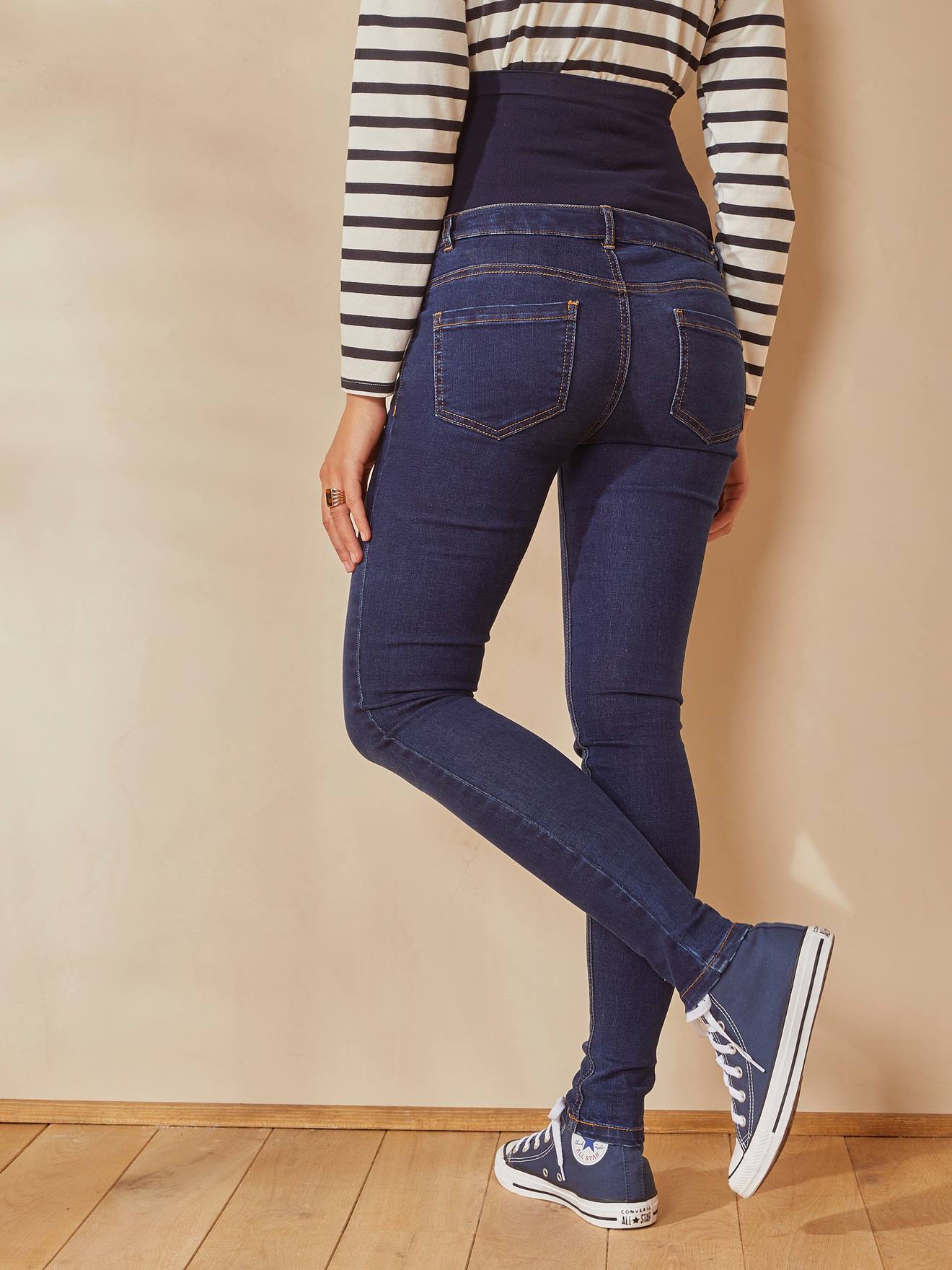 Calça jeans skinny de gestante com cós sem costura, azul escuro liso