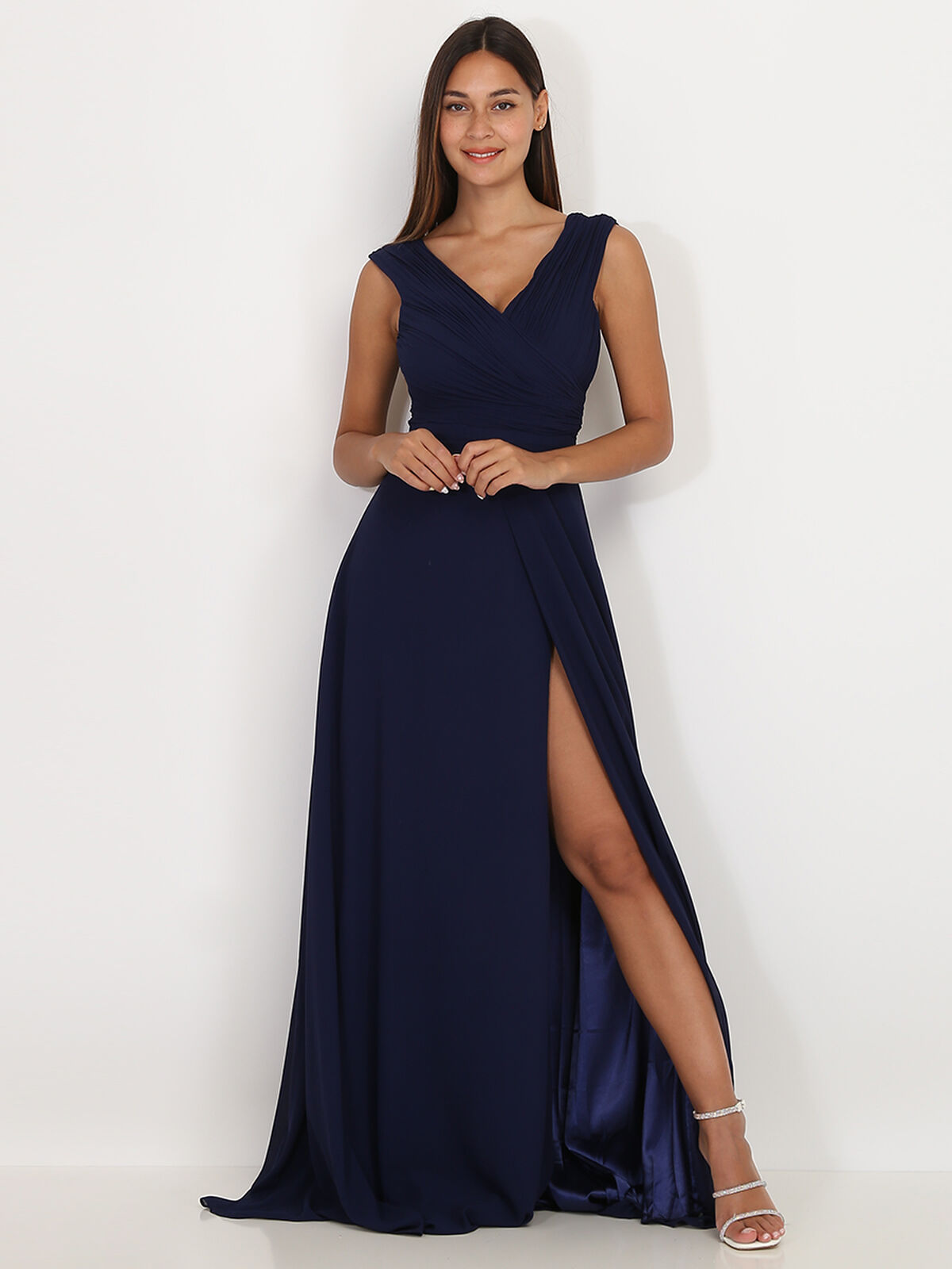 Robe longue drapée avec fente- Bleu marine