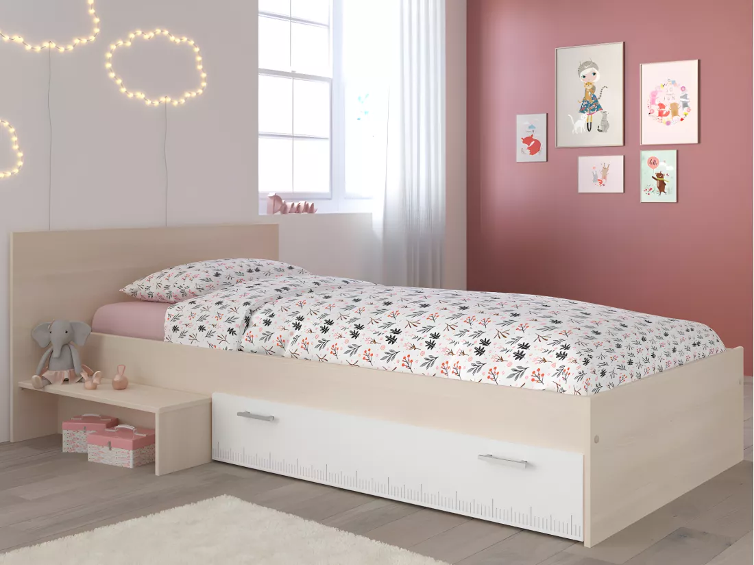 Lit enfant 90 x 190 cm avec 1 tiroir - Coloris : Naturel et blanc + sommier + matelas - IPLIA