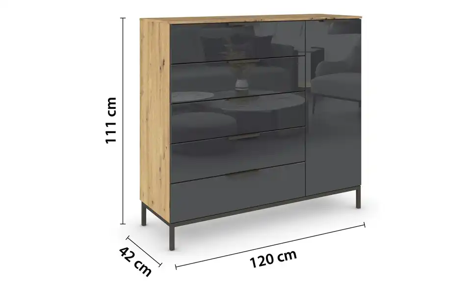 Sideboard Basaltgrau, Eiche Artisan (Nachbildung) Front: Glas, Oberboden: Dekor Graphit