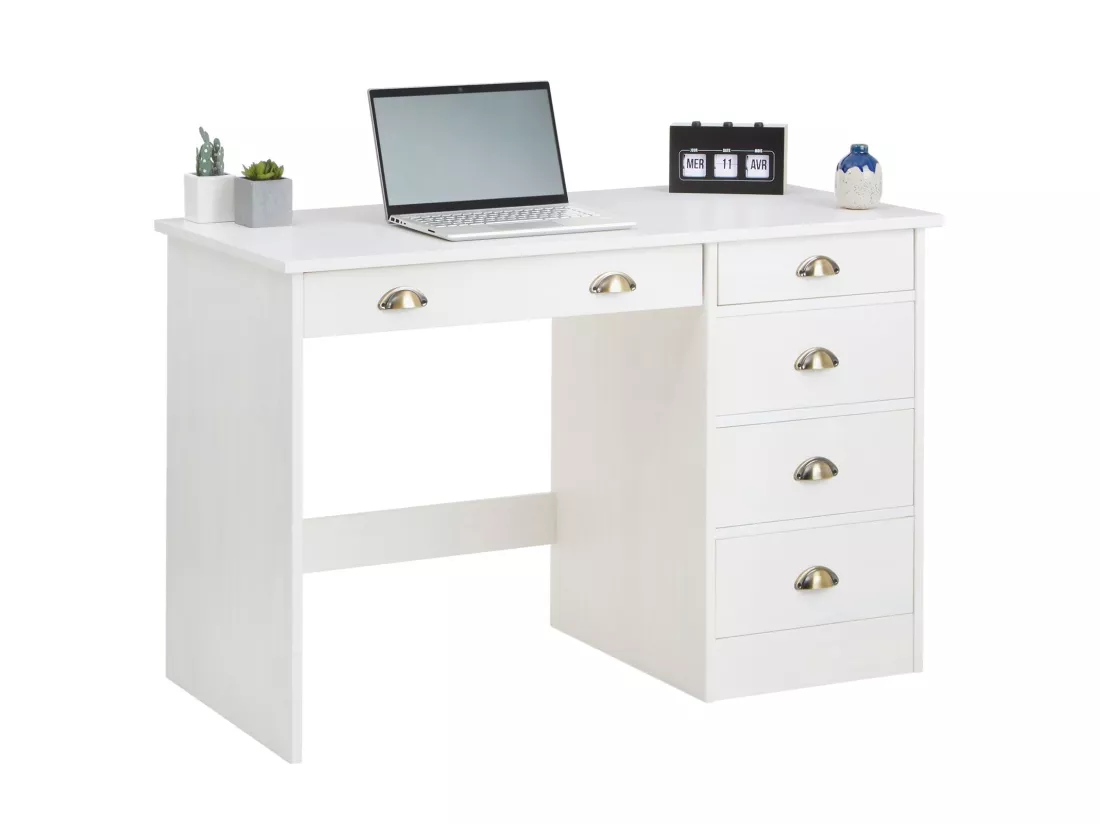 Bureau LANA avec rangement 5 tiroirs et poignées en forme de coquille, en pin massif lasuré blanc