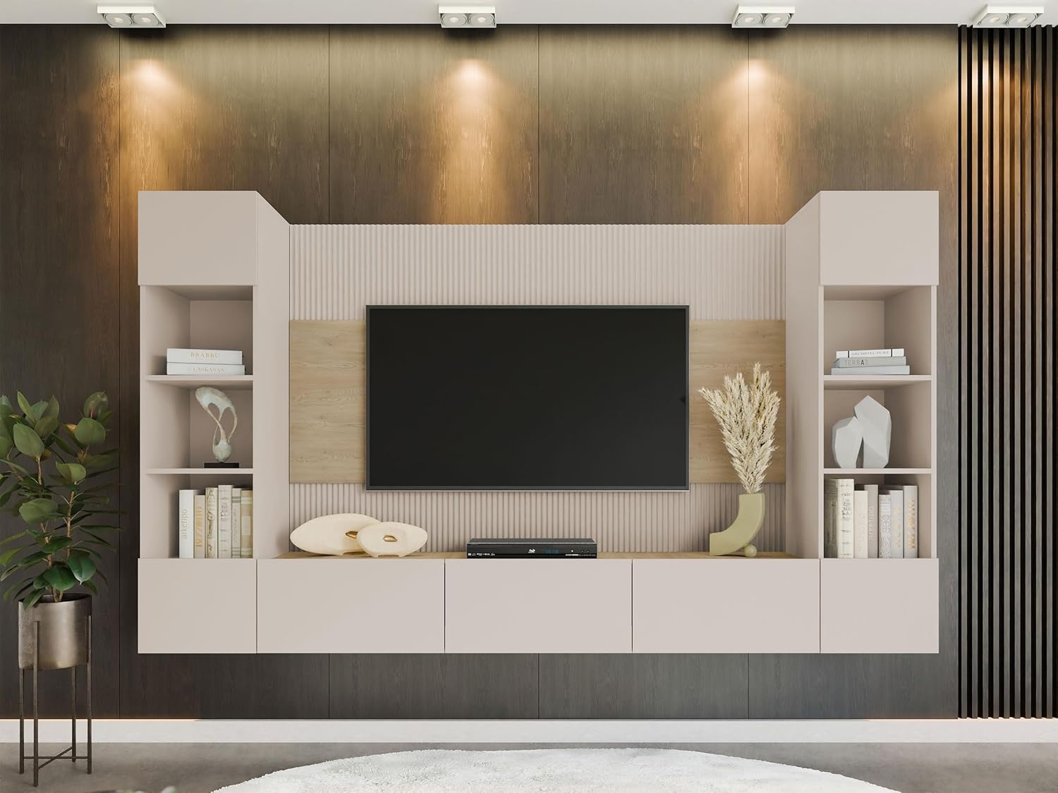 Mirjan24 Wohnwand Deromi, Anbauwand mit Wandpaneele und TV-Lowboard, Akustikplatten, Fernsehschrank, Schrankwand, Mediawand, TV-Lowboard (Sandbeige + Eiche Cremona, 2X Hängeregal)