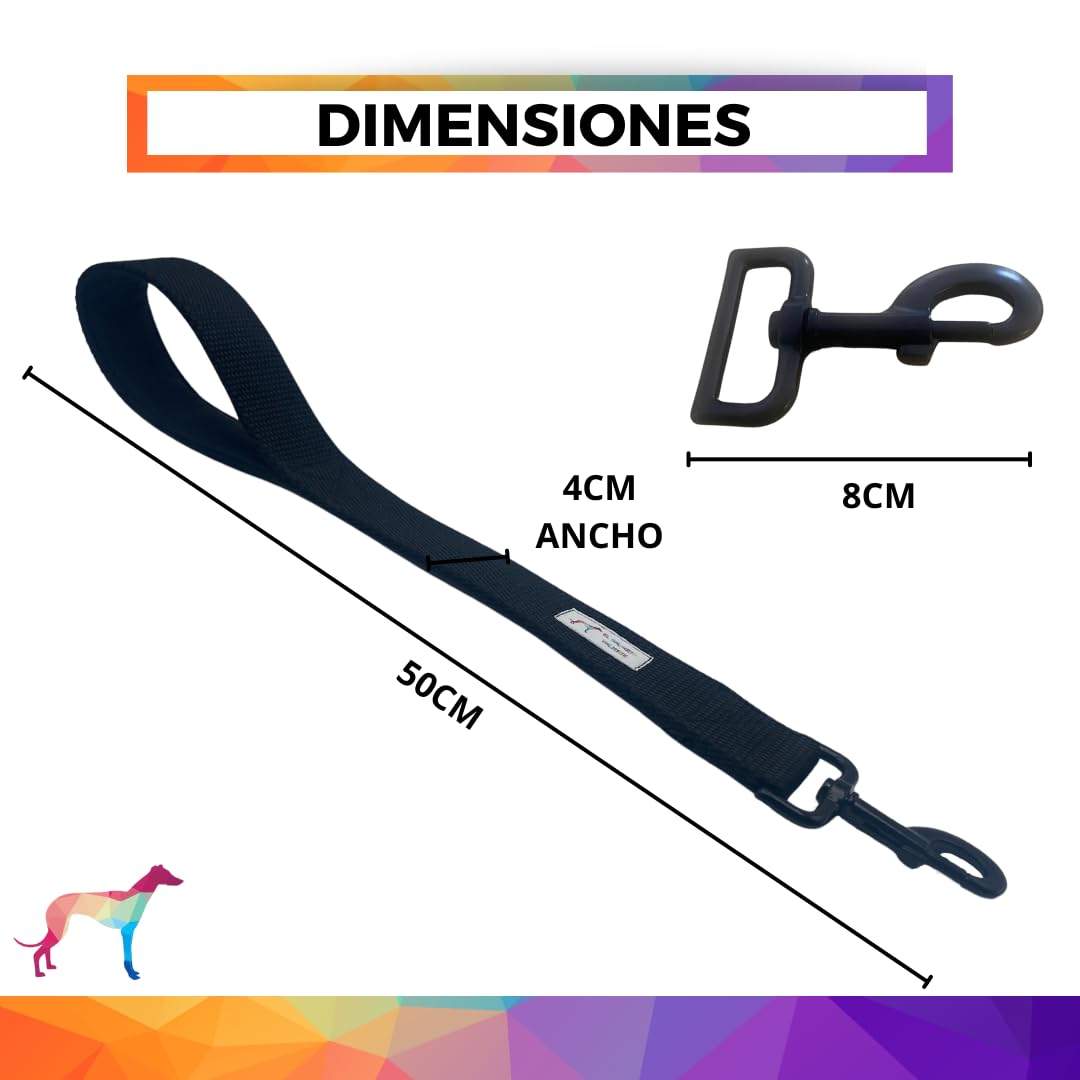EGV - Guia curta para cães, 4 cm de largura, com alça de neoprene e mosquetão reforçado. 50 cm de comprimento. (Preta)
