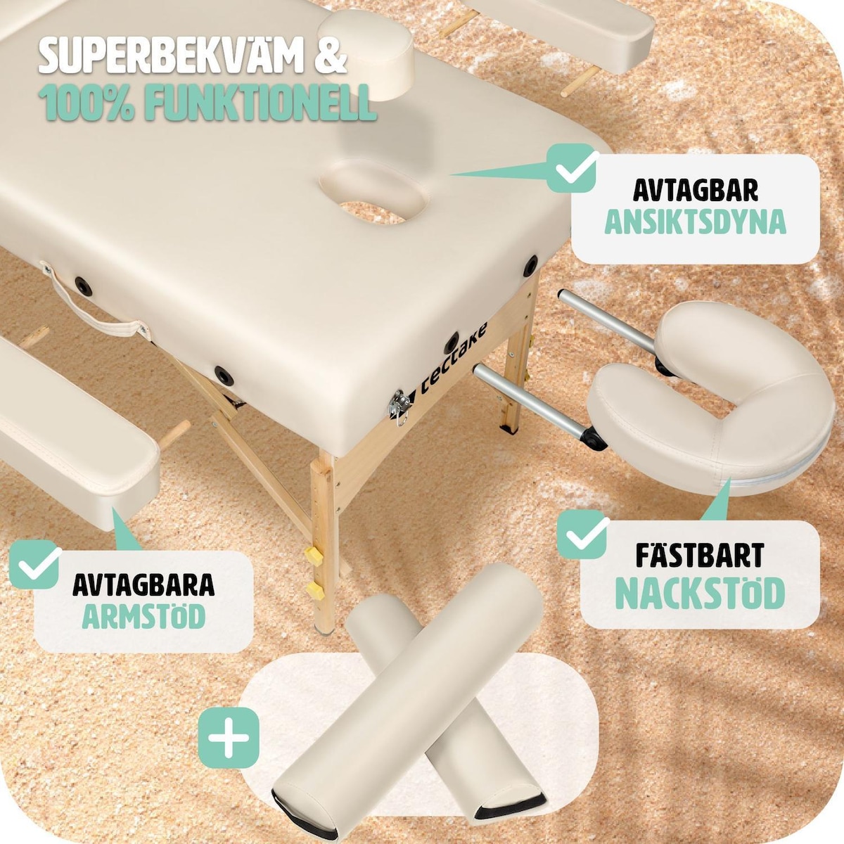 Massasjebenk 7,5cm polstring + ruller - beige