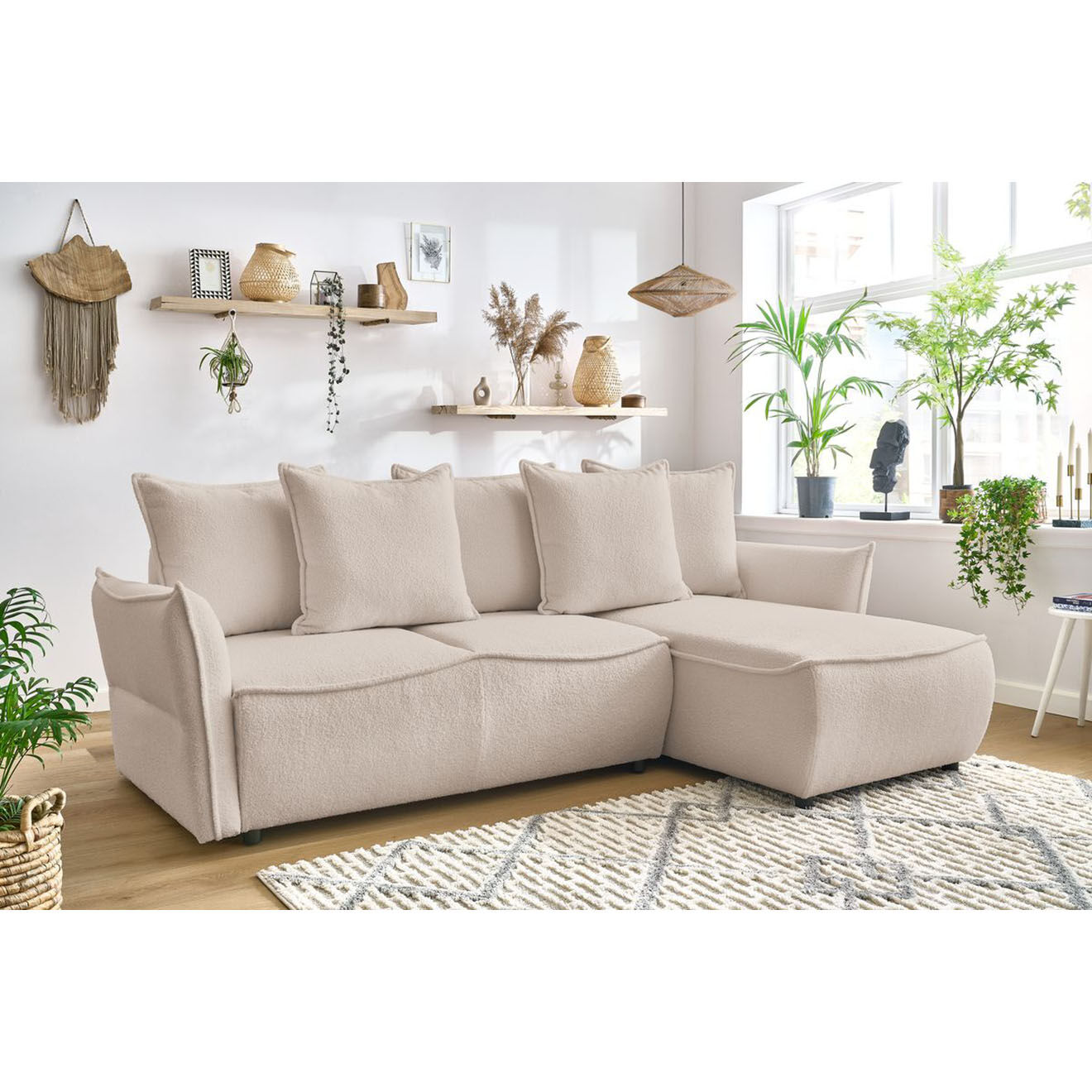 Bobochic Canapé d'angle droit convertible bouclette Léon beige - 242x158x90 cm