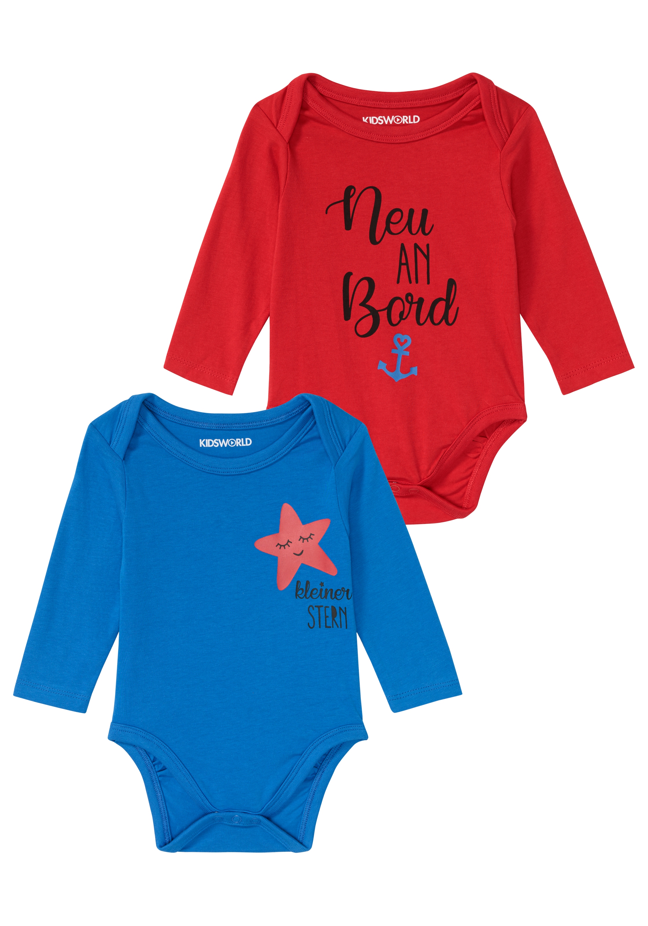 KIDSWORLD Langarmbody »2er Pack Baby-Bodies mit Sprüchen, Neu an Bord«, 2 Stk. aus Bio-Baumwolle