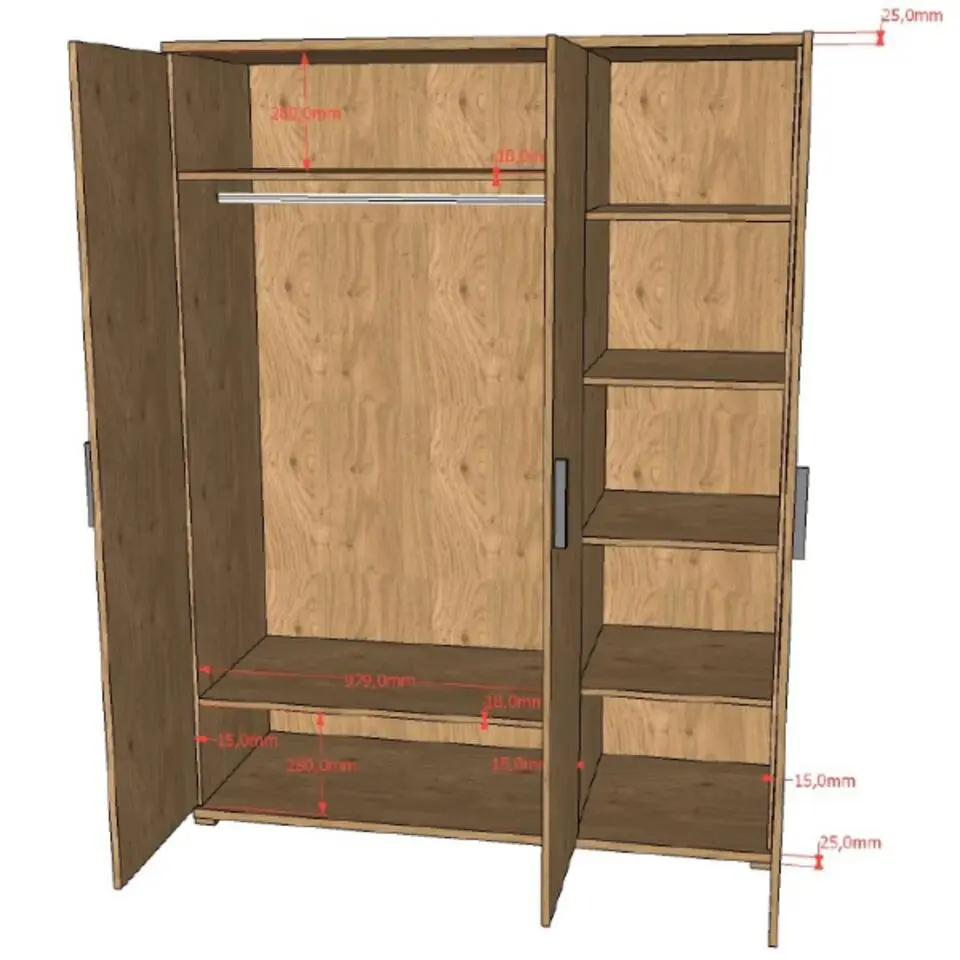 Kledingkast Sammie - 150x59x199cm - 3 deuren - eikdecor