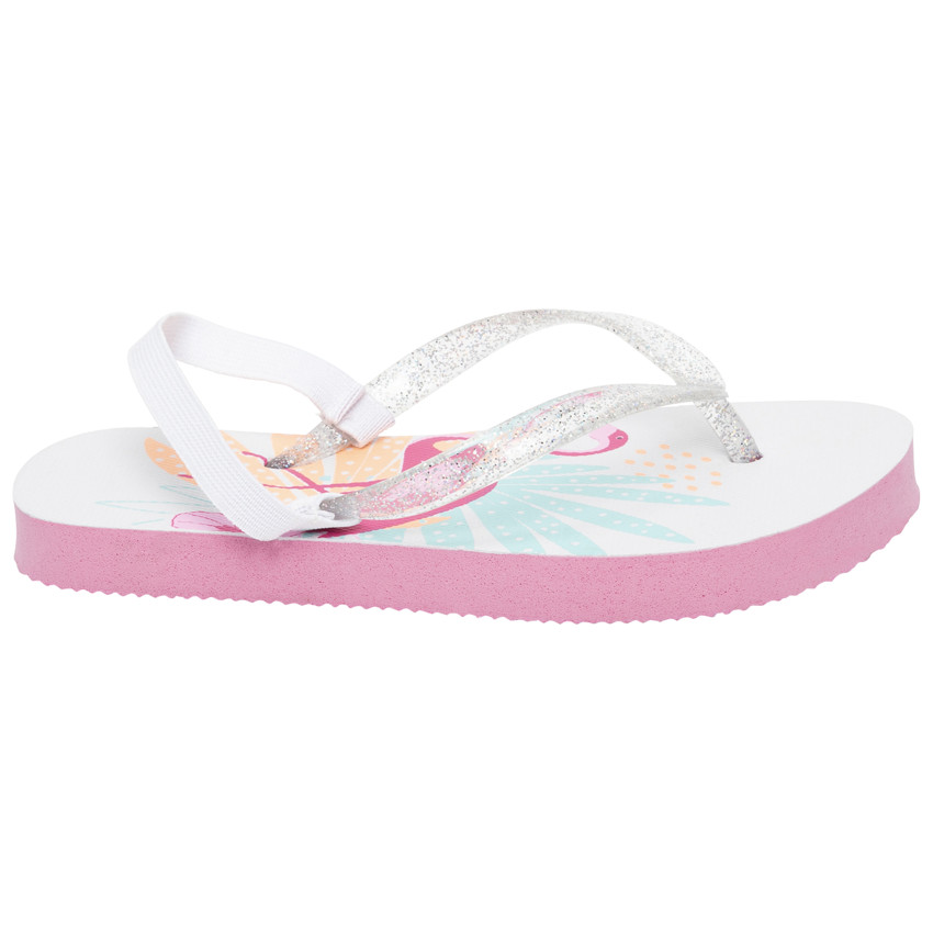 Tongs à bride pailletée print flamant rose pour fille avec lanière selon l'âge