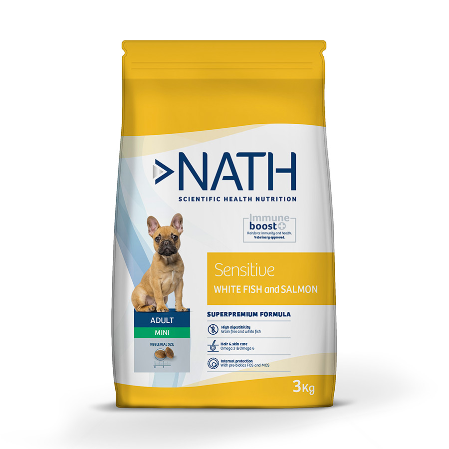 Ração para cães Nath Adult Mini Sensitive com peixe branco e salmão.