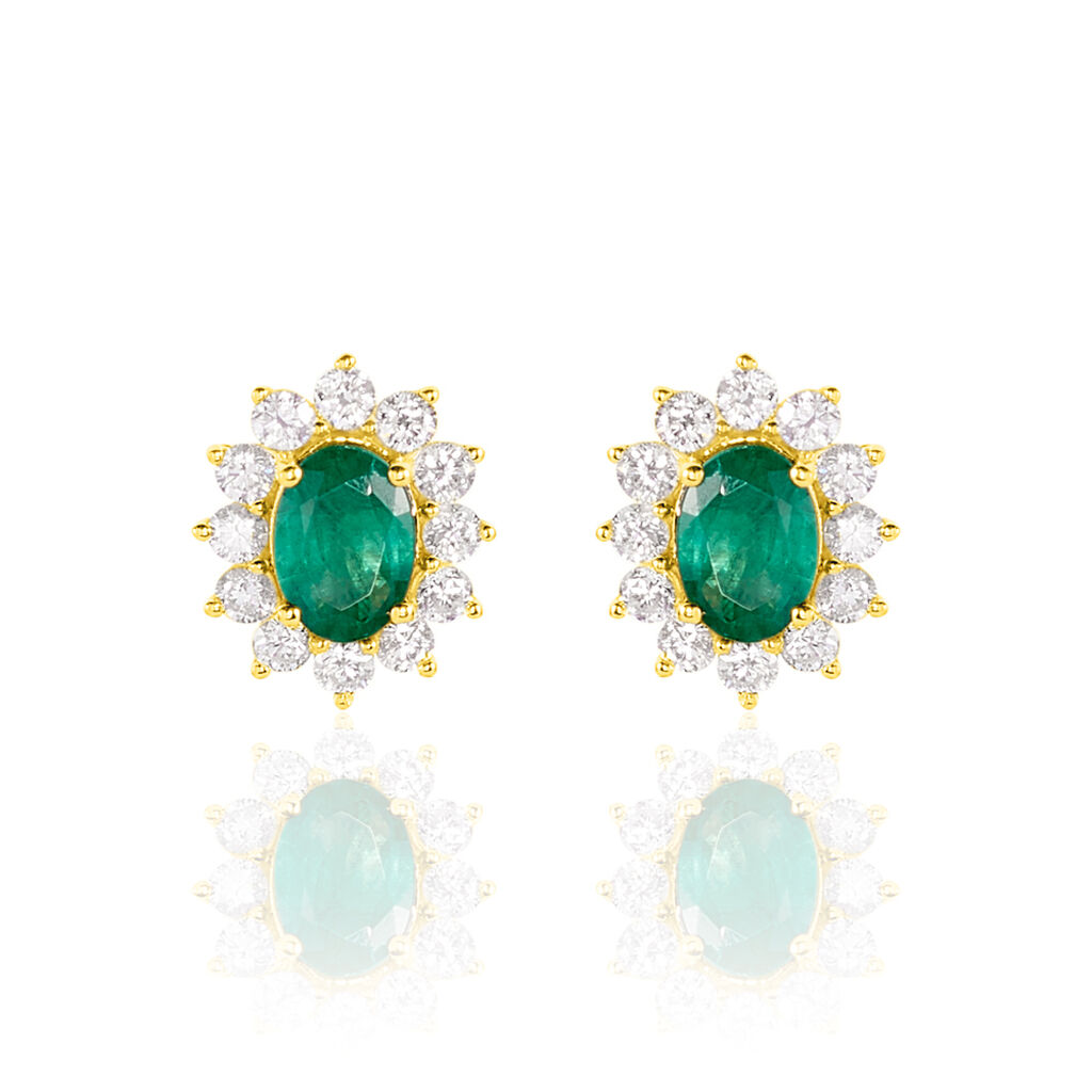 Boucles D'oreilles Puces Vladimir Or Jaune Diamant Et Emeraude