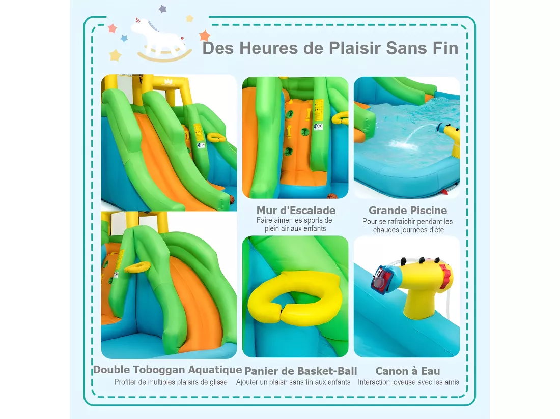 5 en 1 Château Gonflable Enfants avec Toboggan Double, Parc Aquatique Gonflable avec Mur d'escalade, Panier, Piscine, Canon à Eau, Charge 159kg pour 3 Enfants de 3-10 Ans (sans souffleur)