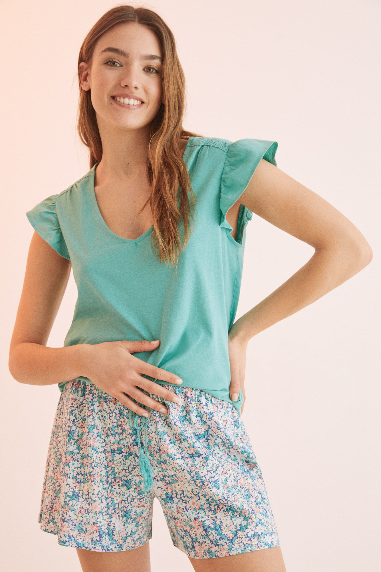 Pijama curto floral 100% algodão - verde