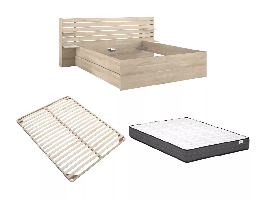 Lit 180 x 200 cm avec rangements - Coloris : Naturel + Sommier + Matelas - TENALIA