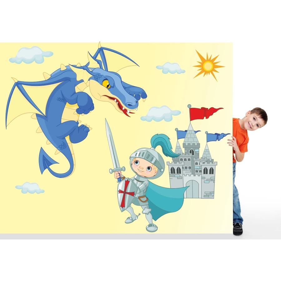 Nikima Wandtattoo 041 Wandtattoo Ritter mit Drache und Burg blau