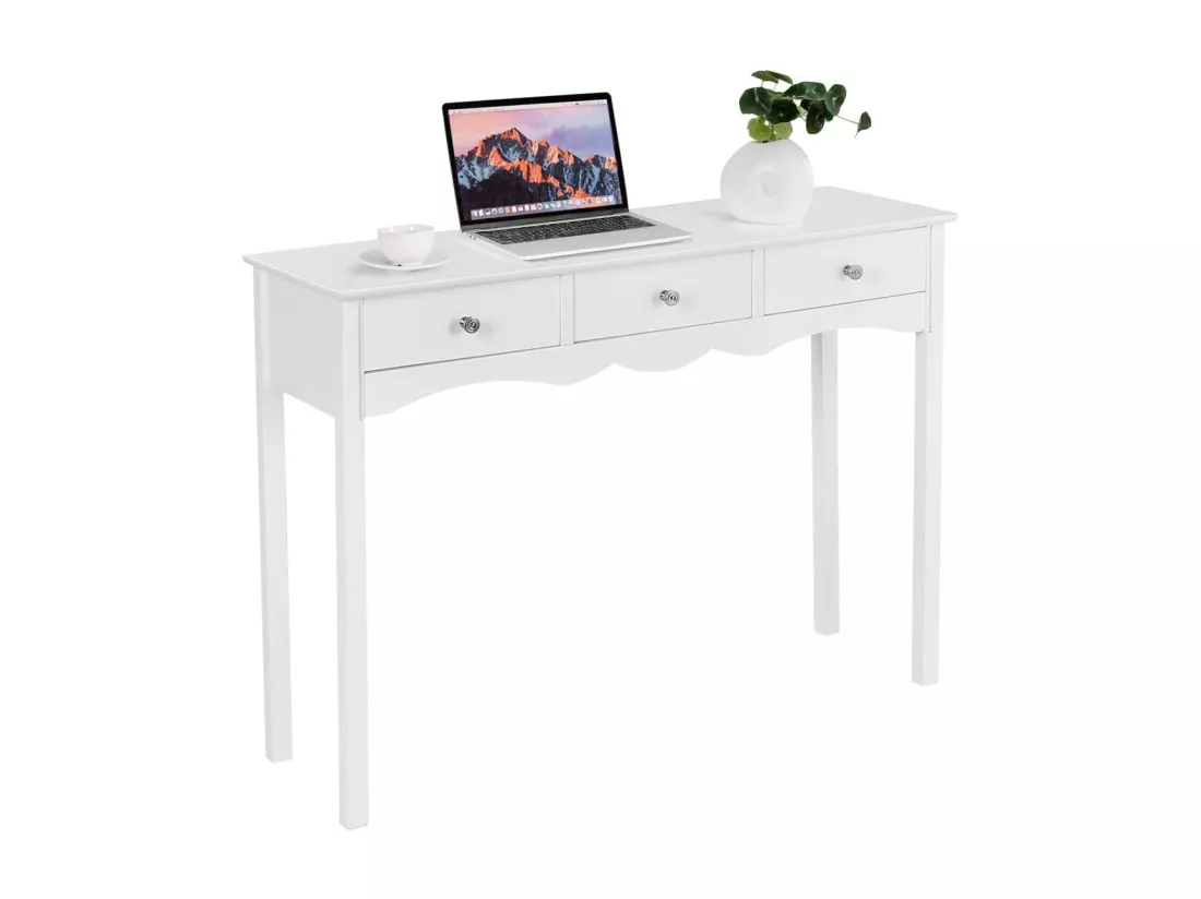 Table Console Table d'Entrée en Bois avec 3 Tiroirs Usage Polyvalent Salon, Chambre, Bureau, 100x32x75 cm Blanc Vintage