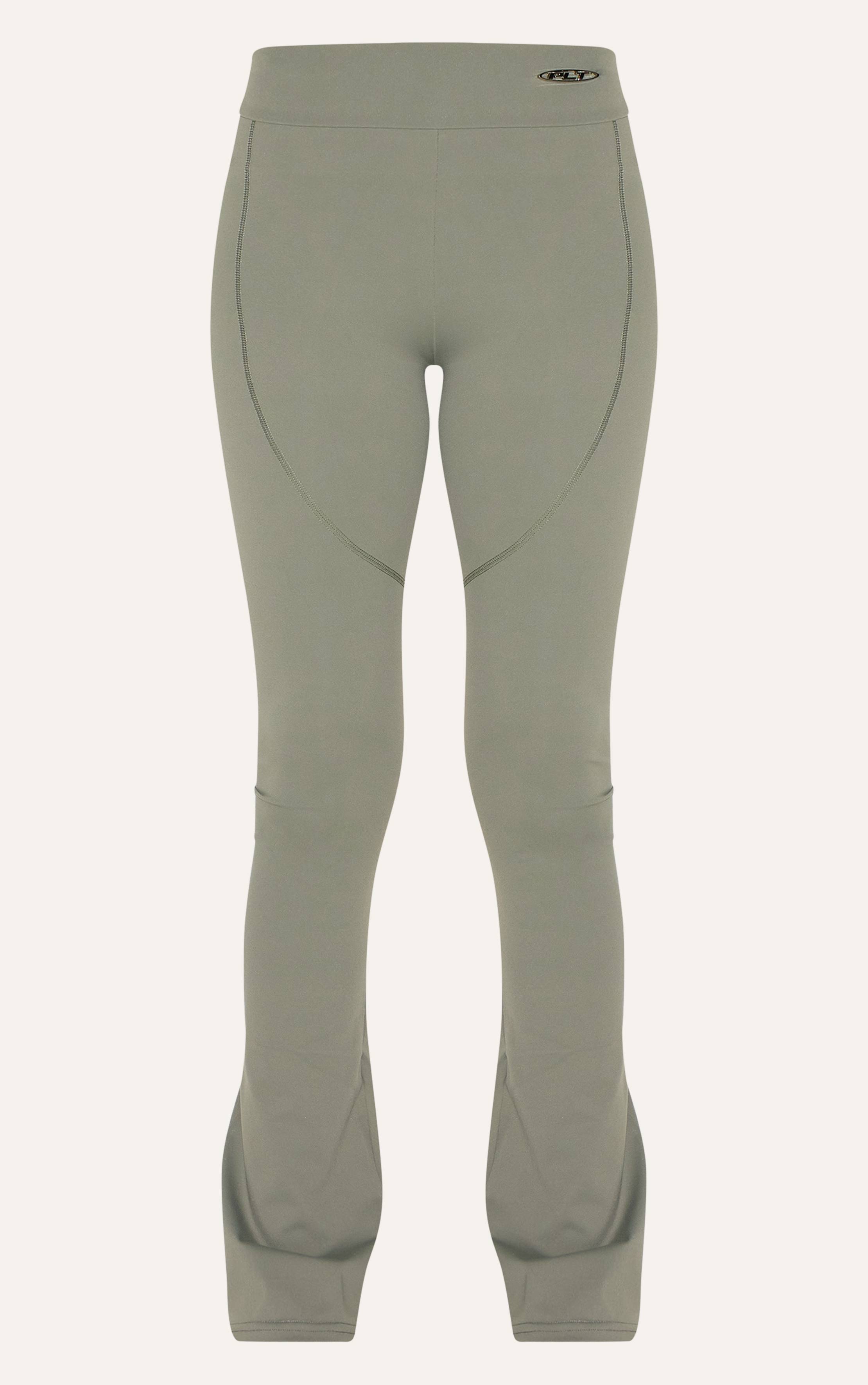 Vert Olive Pantalon Évasé Taille Haute Sculptant Avec Badge Métallique Sport
