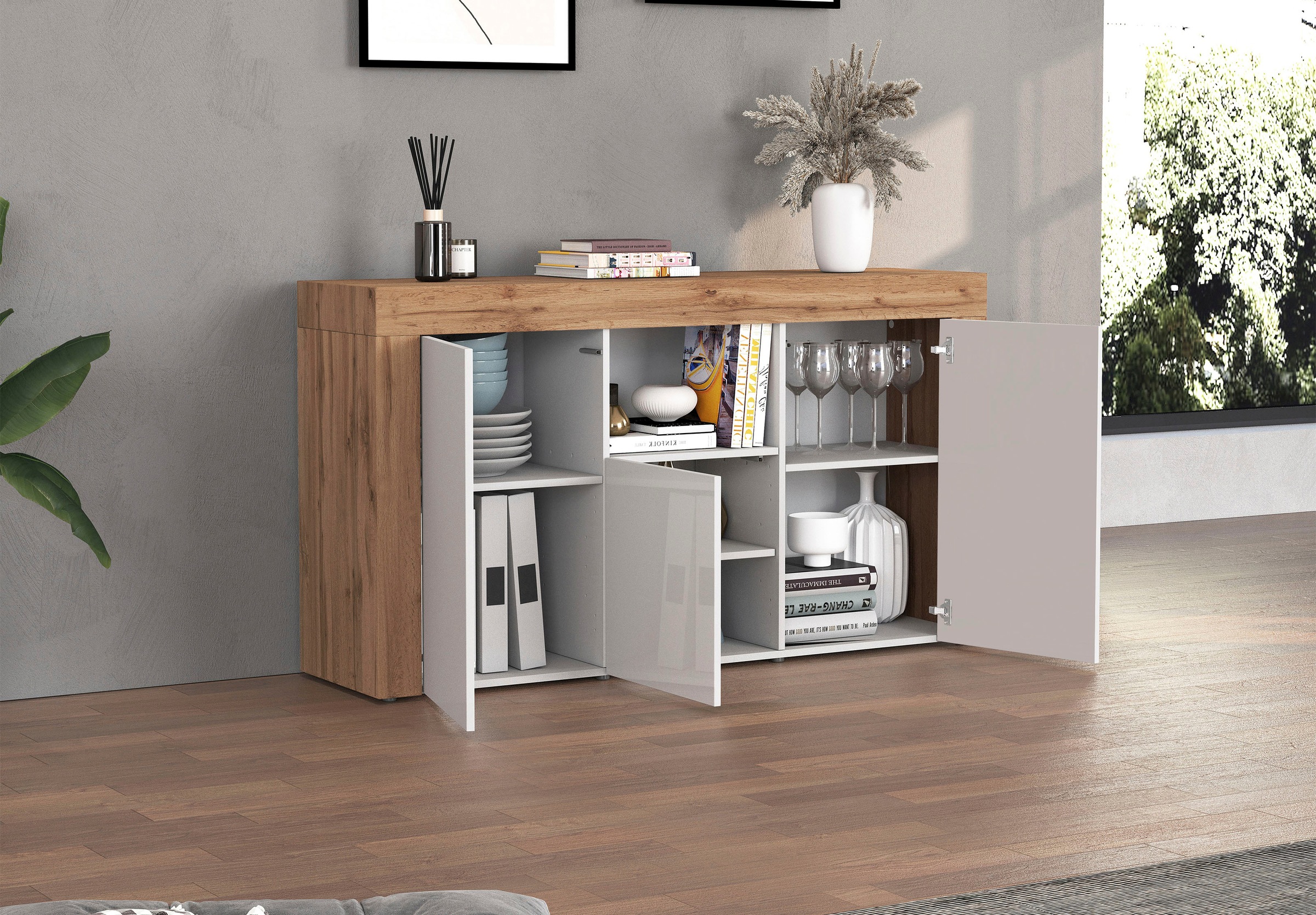 INOSIGN Sideboard »CHRONOS Breite 155 cm mit 3 Türen, 1 offenes und 6 geschlossene Fächer« 1 Stk. tlg. Sideboard,Kommode, Schrank, Grifflos mit Push to Open, Made in Italy